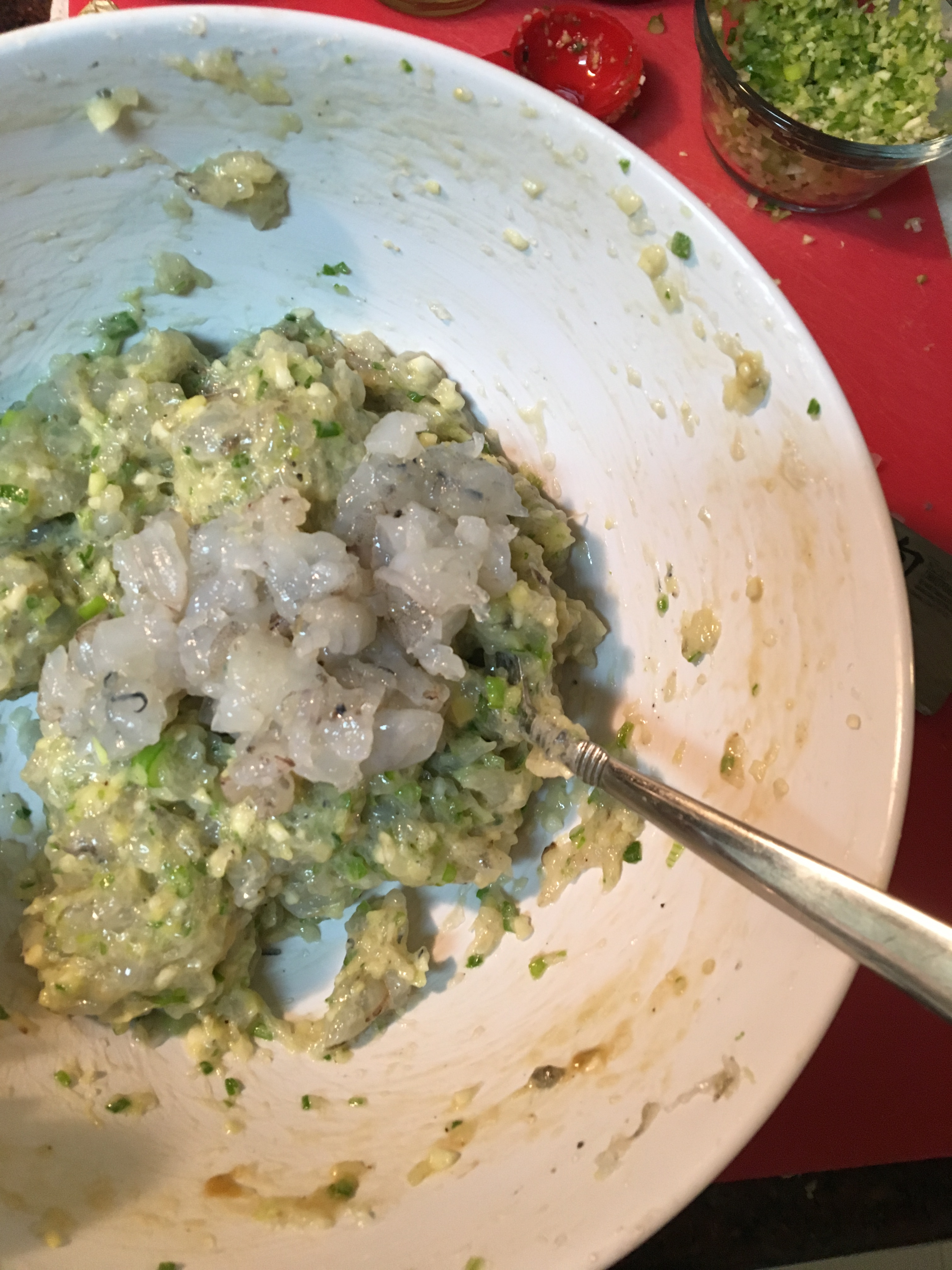 Seasoned paste with roughly chopped shrimp added for texture